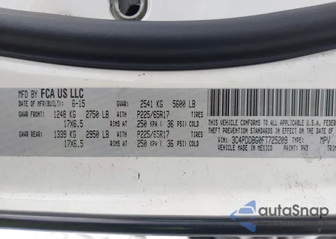 2015 Dodge Journey Sxt z USA, uszkodzony, nr VIN 3C4PDDBG0FT725209